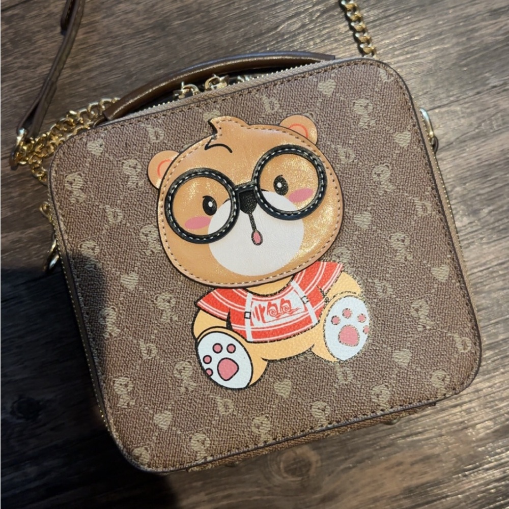 Cute Bear Print Brown Crossbody Bag with Chain Strap